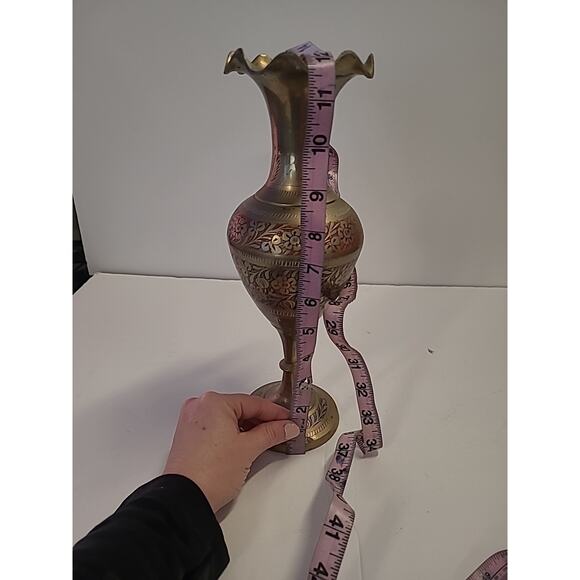 Vintage Brass Vase Handmade Etched Solid Floral Design Color Engraved Decor 12" - Picture 7 of 9